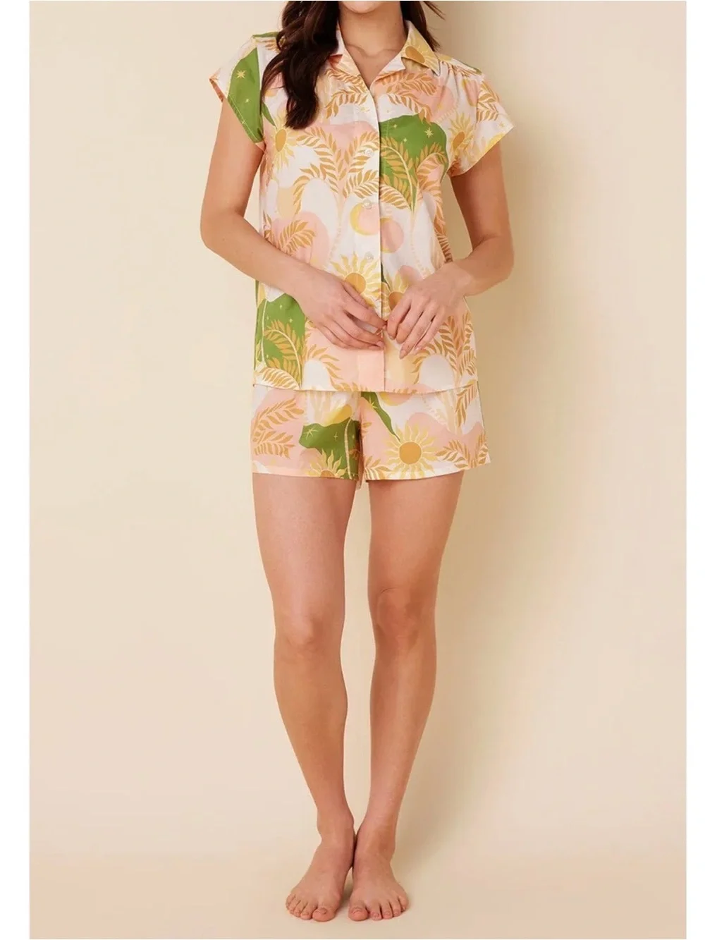 The Cat’s Pajamas Short Sleeve Floral Button Pajama Set in Peach & Green